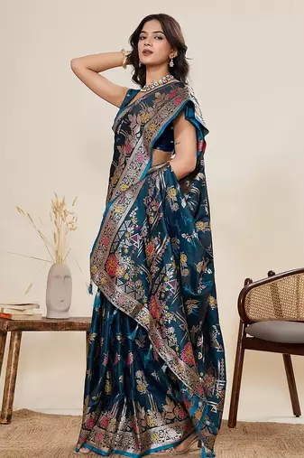 blue art silk woven kanjivaram silk saree with blouses
