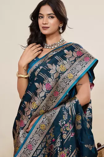 blue art silk woven kanjivaram silk saree with blouses