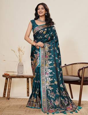 blue art silk woven kanjivaram silk saree with blouses 1