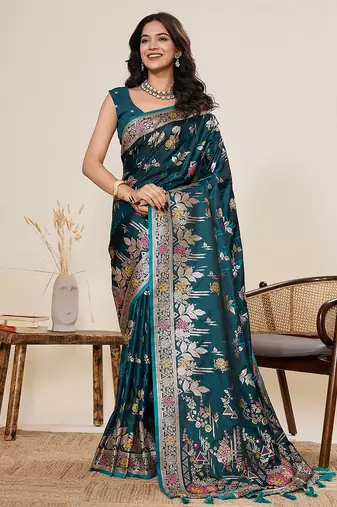 blue art silk woven kanjivaram silk saree with blouses