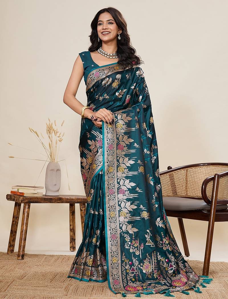blue art silk woven kanjivaram silk saree with blouses
