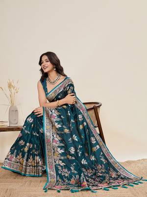 blue art silk woven kanjivaram silk saree with blouses 4
