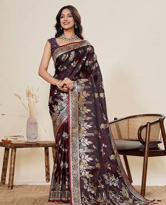 maroon art silk woven kanjivaram silk saree with blouses 1