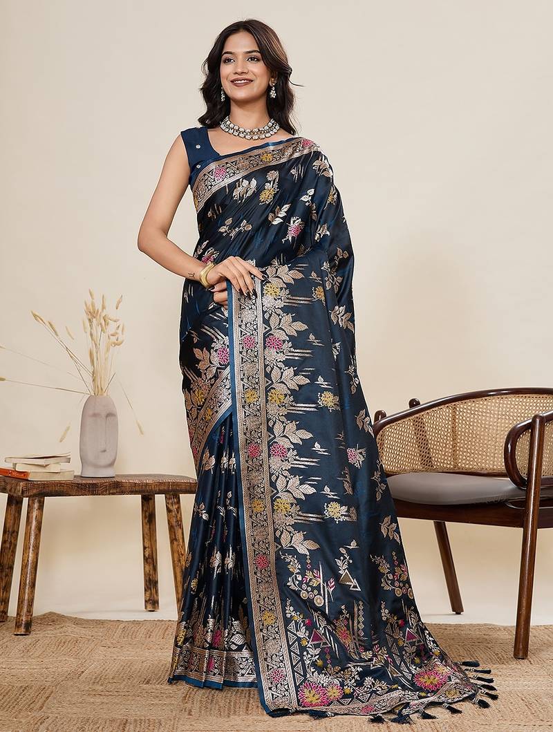navy blue art silk woven kanjivaram silk saree with blouses