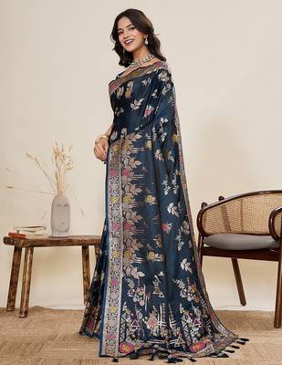 navy blue art silk woven kanjivaram silk saree with blouses 2