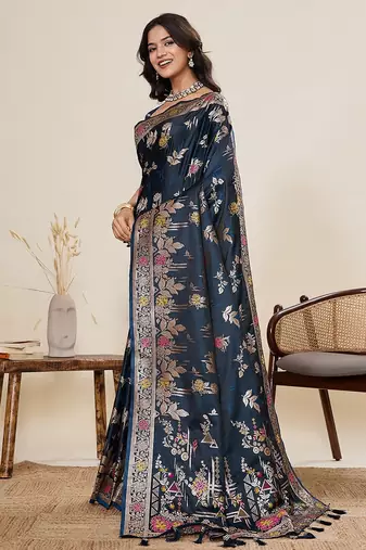 navy blue art silk woven kanjivaram silk saree with blouses