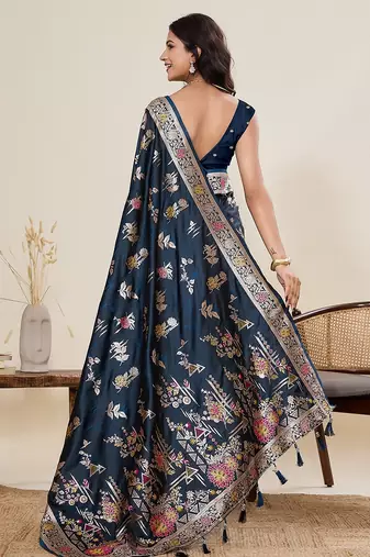 navy blue art silk woven kanjivaram silk saree with blouses