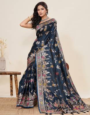 navy blue art silk woven kanjivaram silk saree with blouses 4