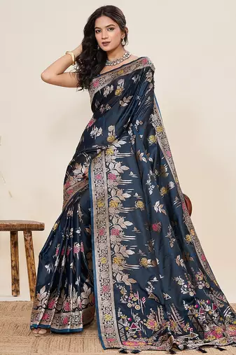 navy blue art silk woven kanjivaram silk saree with blouses