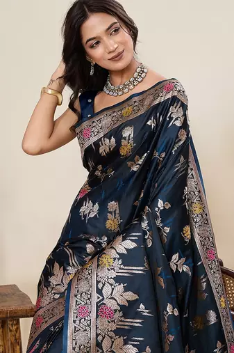 navy blue art silk woven kanjivaram silk saree with blouses