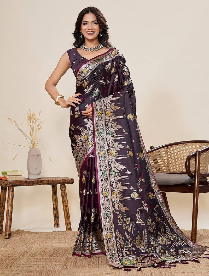 purple art silk woven kanjivaram silk saree with blouses