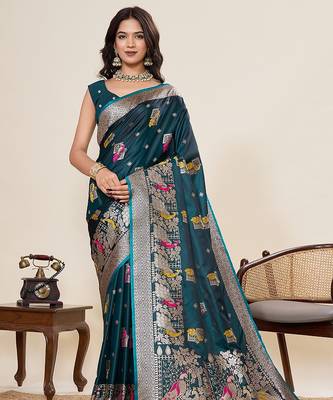 blue art silk woven kanjivaram silk saree with blouses 1