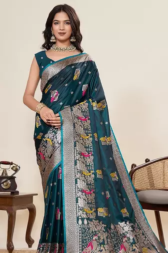 blue art silk woven kanjivaram silk saree with blouses