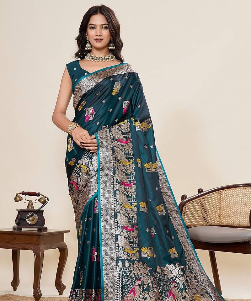 blue art silk woven kanjivaram silk saree with blouses