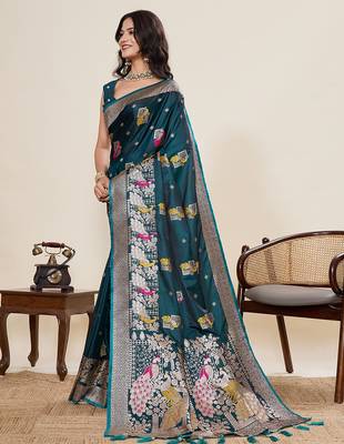 blue art silk woven kanjivaram silk saree with blouses 2
