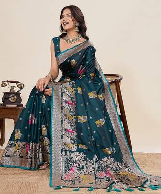 blue art silk woven kanjivaram silk saree with blouses 4
