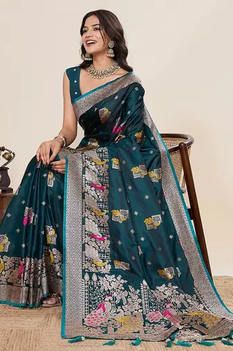 blue art silk woven kanjivaram silk saree with blouses