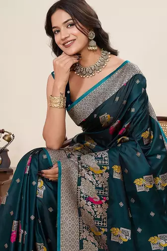 blue art silk woven kanjivaram silk saree with blouses