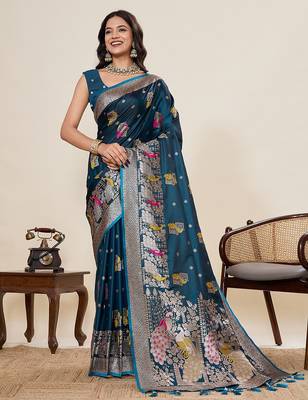blue art silk woven kanjivaram silk saree with blouses 1