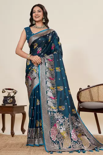 blue art silk woven kanjivaram silk saree with blouses