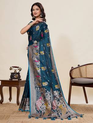 blue art silk woven kanjivaram silk saree with blouses 2