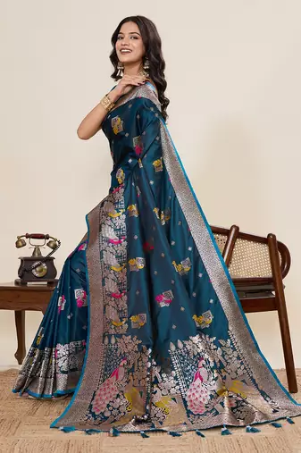 blue art silk woven kanjivaram silk saree with blouses