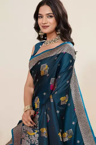 blue art silk woven kanjivaram silk saree with blouses