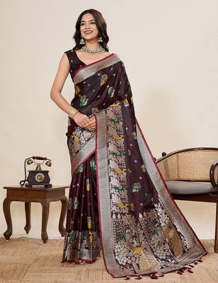 maroon art silk woven kanjivaram silk saree with blouses 1