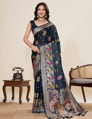 navy blue art silk woven kanjivaram silk saree with blouses 1