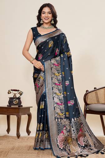navy blue art silk woven kanjivaram silk saree with blouses