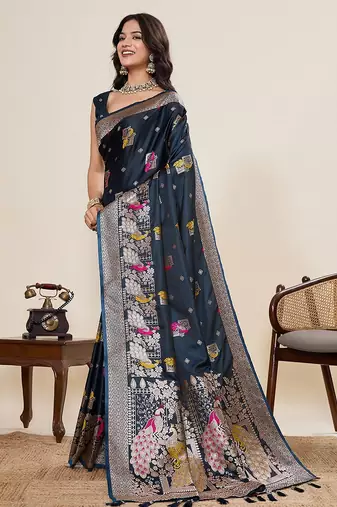 navy blue art silk woven kanjivaram silk saree with blouses