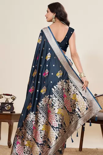 navy blue art silk woven kanjivaram silk saree with blouses