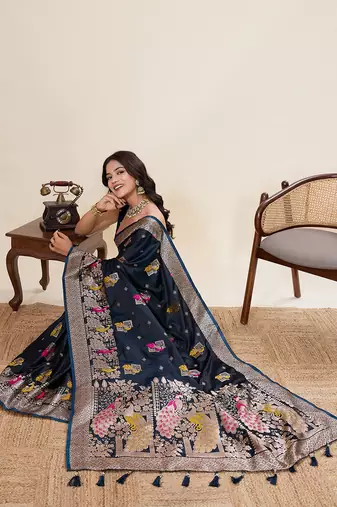navy blue art silk woven kanjivaram silk saree with blouses