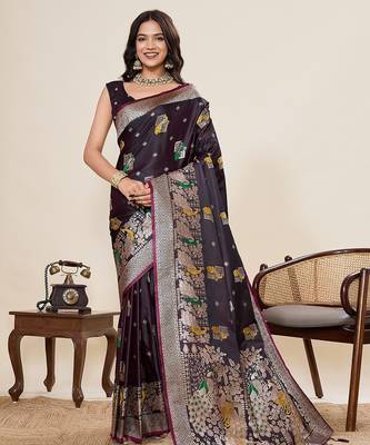 purple art silk woven kanjivaram silk saree with blouses 1