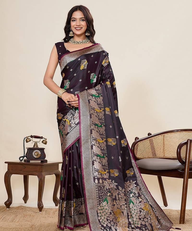purple art silk woven kanjivaram silk saree with blouses