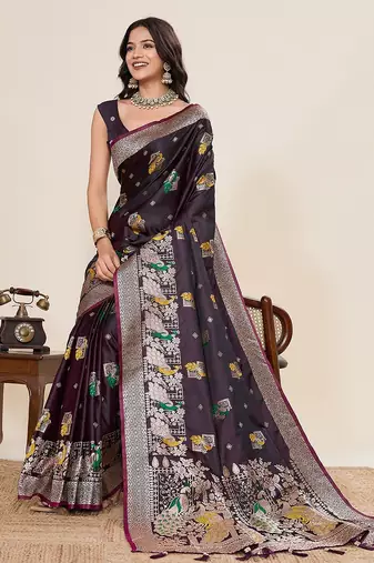 purple art silk woven kanjivaram silk saree with blouses