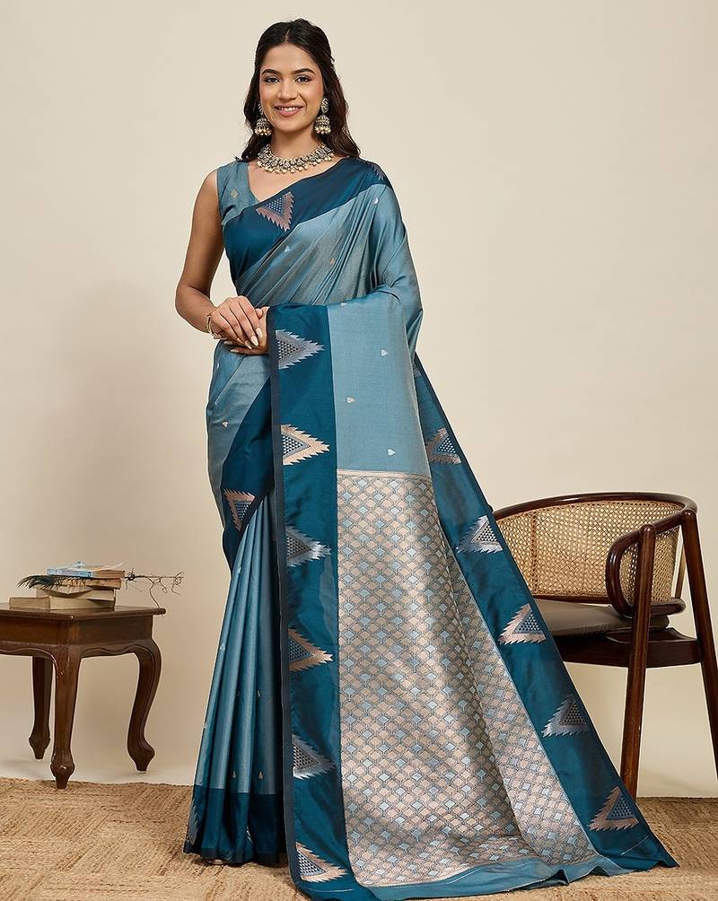 blue art silk woven kanjivaram silk saree with blouses