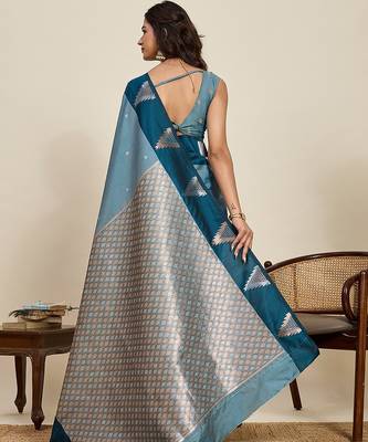 blue art silk woven kanjivaram silk saree with blouses 3