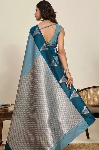 blue art silk woven kanjivaram silk saree with blouses