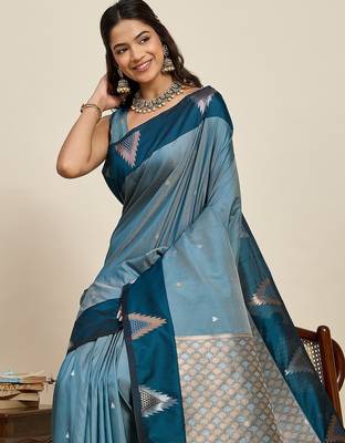 blue art silk woven kanjivaram silk saree with blouses 5