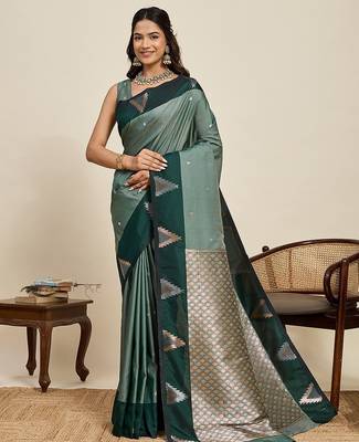 green art silk woven kanjivaram silk saree with blouses 1