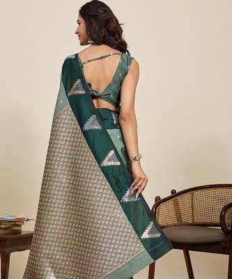 green art silk woven kanjivaram silk saree with blouses 3