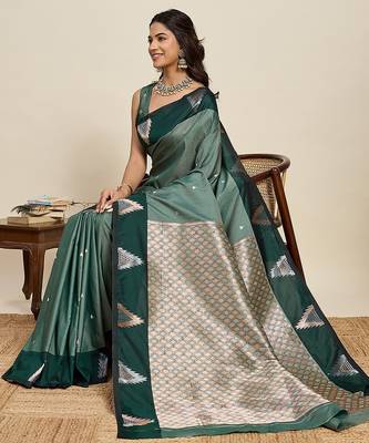 green art silk woven kanjivaram silk saree with blouses 4