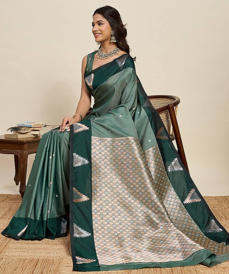 green art silk woven kanjivaram silk saree with blouses