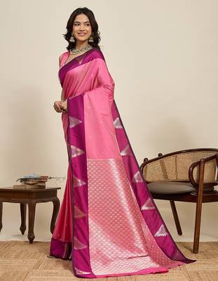 pink art silk woven kanjivaram silk saree with blouses 2