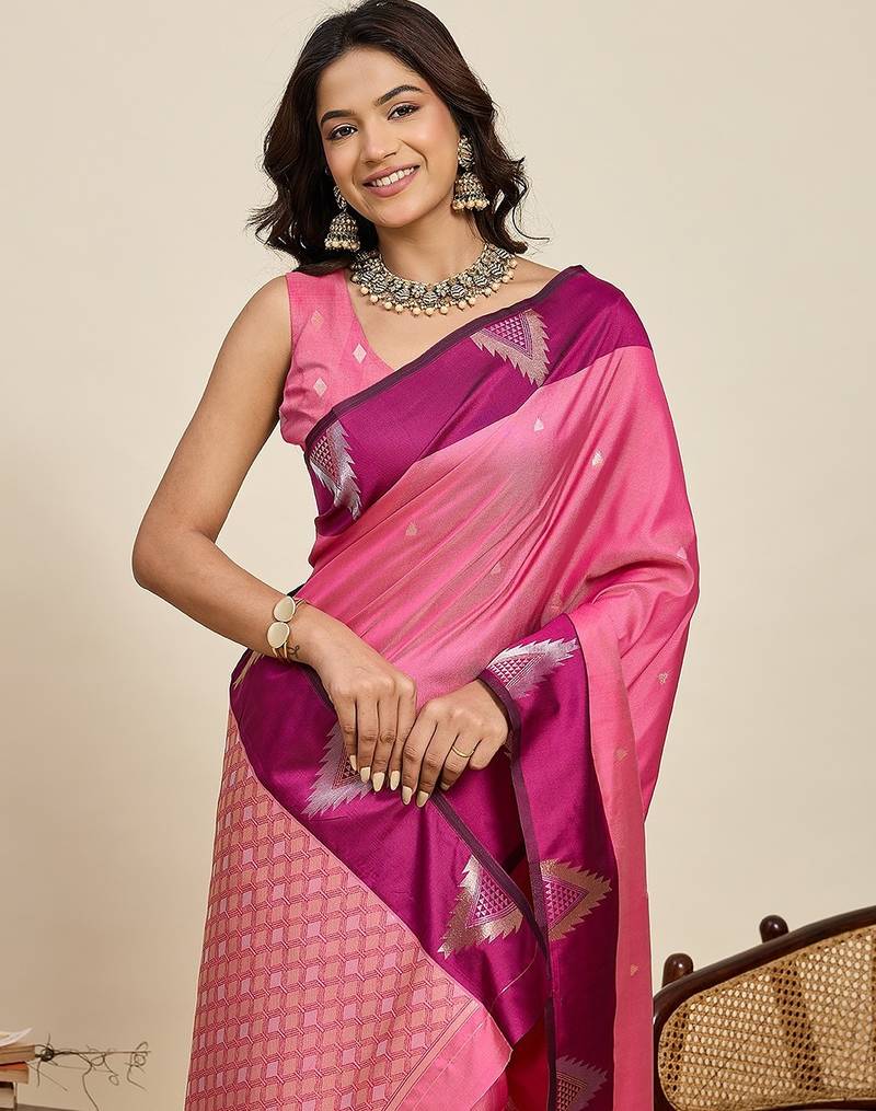 pink art silk woven kanjivaram silk saree with blouses