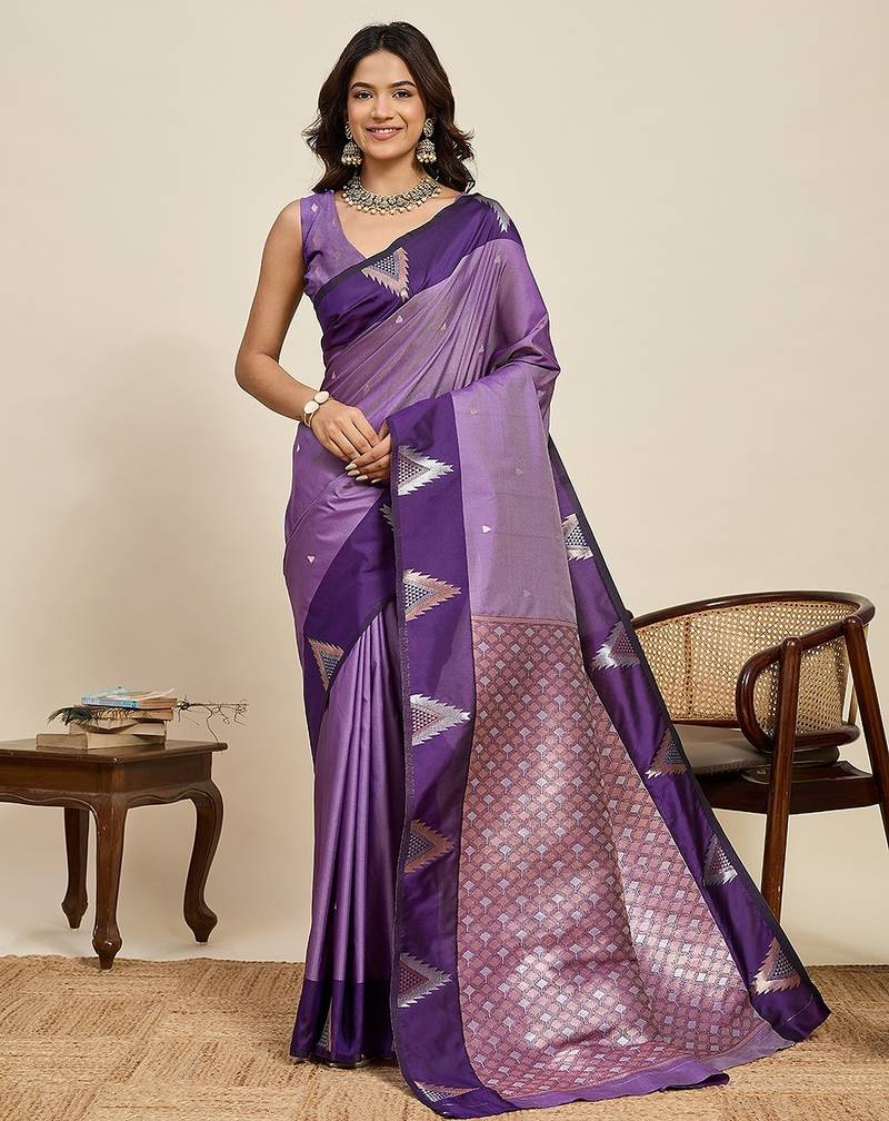violet art silk woven kanjivaram silk saree with blouses