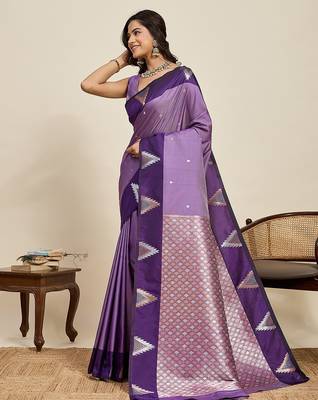 violet art silk woven kanjivaram silk saree with blouses 2