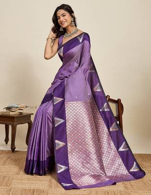 violet art silk woven kanjivaram silk saree with blouses 4