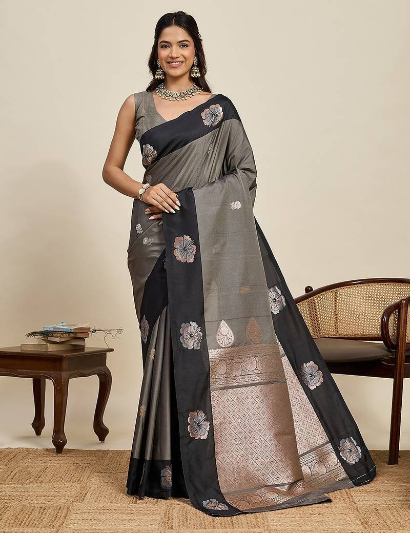 black art silk woven kanjivaram silk saree with blouses